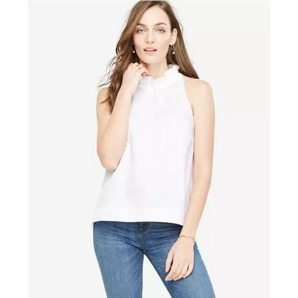 Ann Taylor - MEDIUM PETITE White Ruffle Neck Bow Back Shell